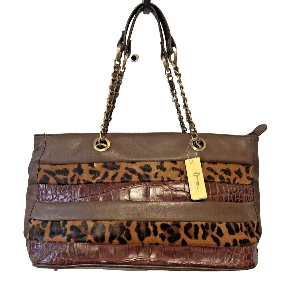 Michael Rome Genuine Leather Hand Bag Animal Print brown large Made Italy NWT